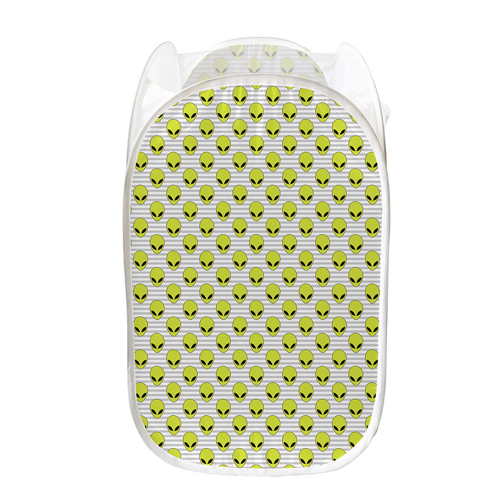 Grey Striped Alien Pattern Print Mesh Laundry Hamper