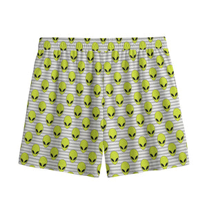 Grey Striped Alien Pattern Print Mesh Shorts