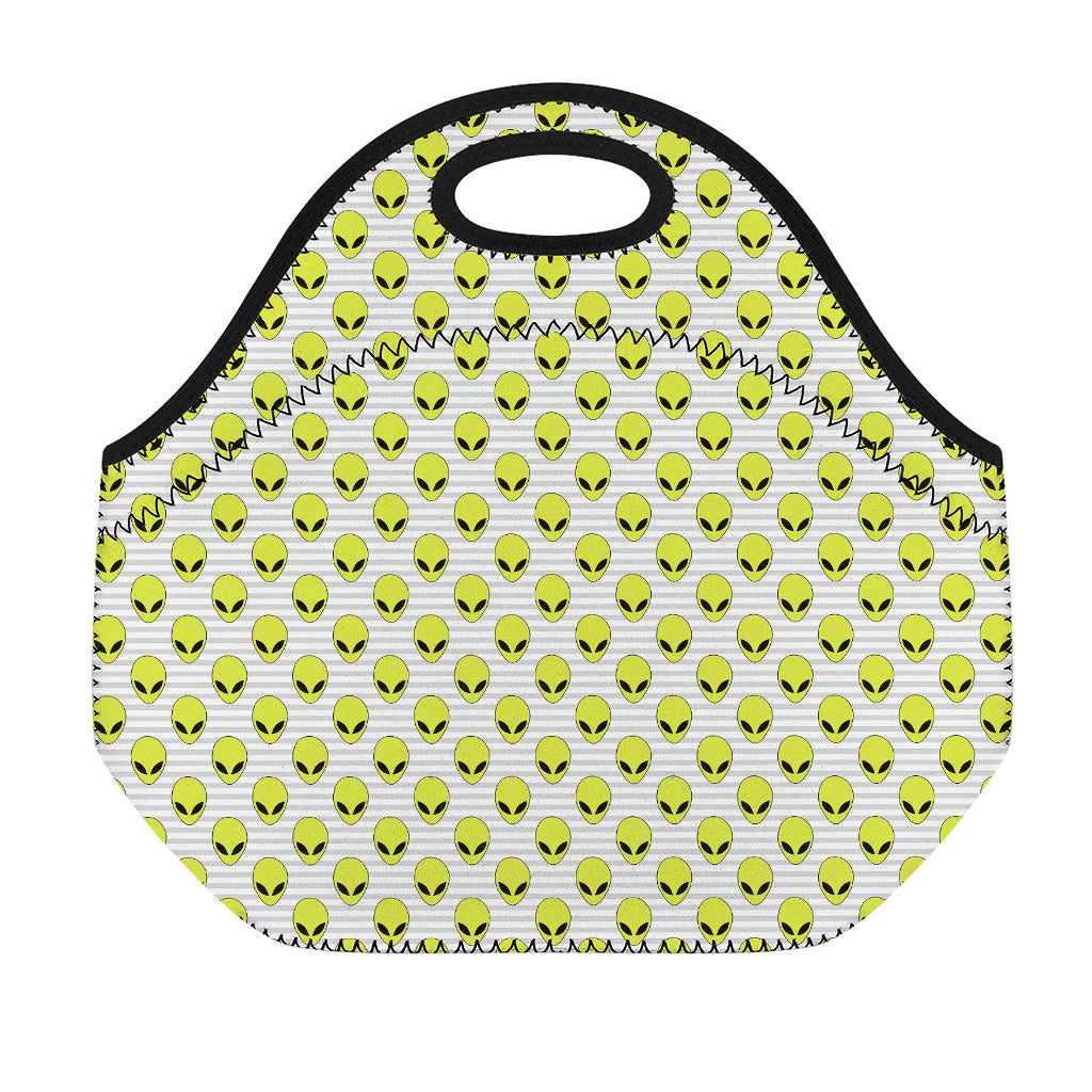 Grey Striped Alien Pattern Print Neoprene Lunch Bag