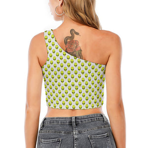 Grey Striped Alien Pattern Print One Shoulder Crop Top