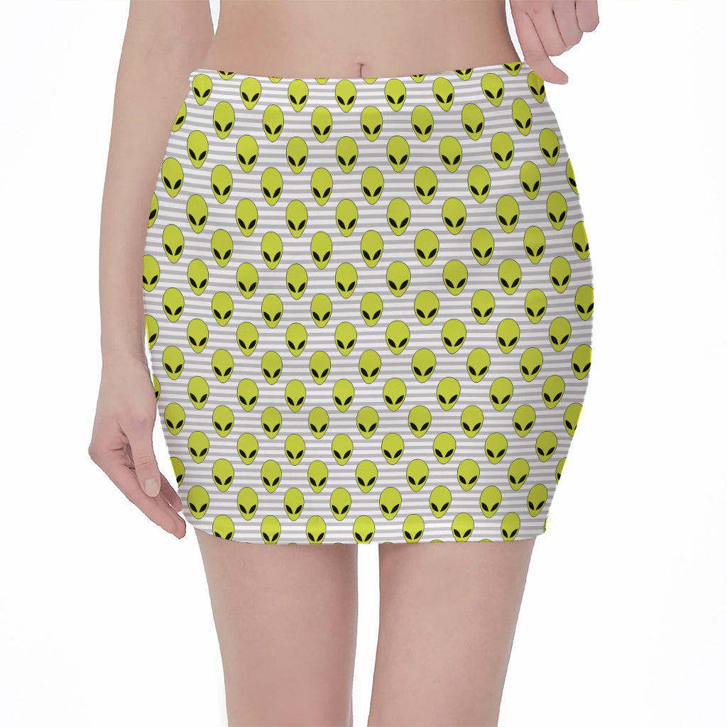 Grey Striped Alien Pattern Print Pencil Mini Skirt