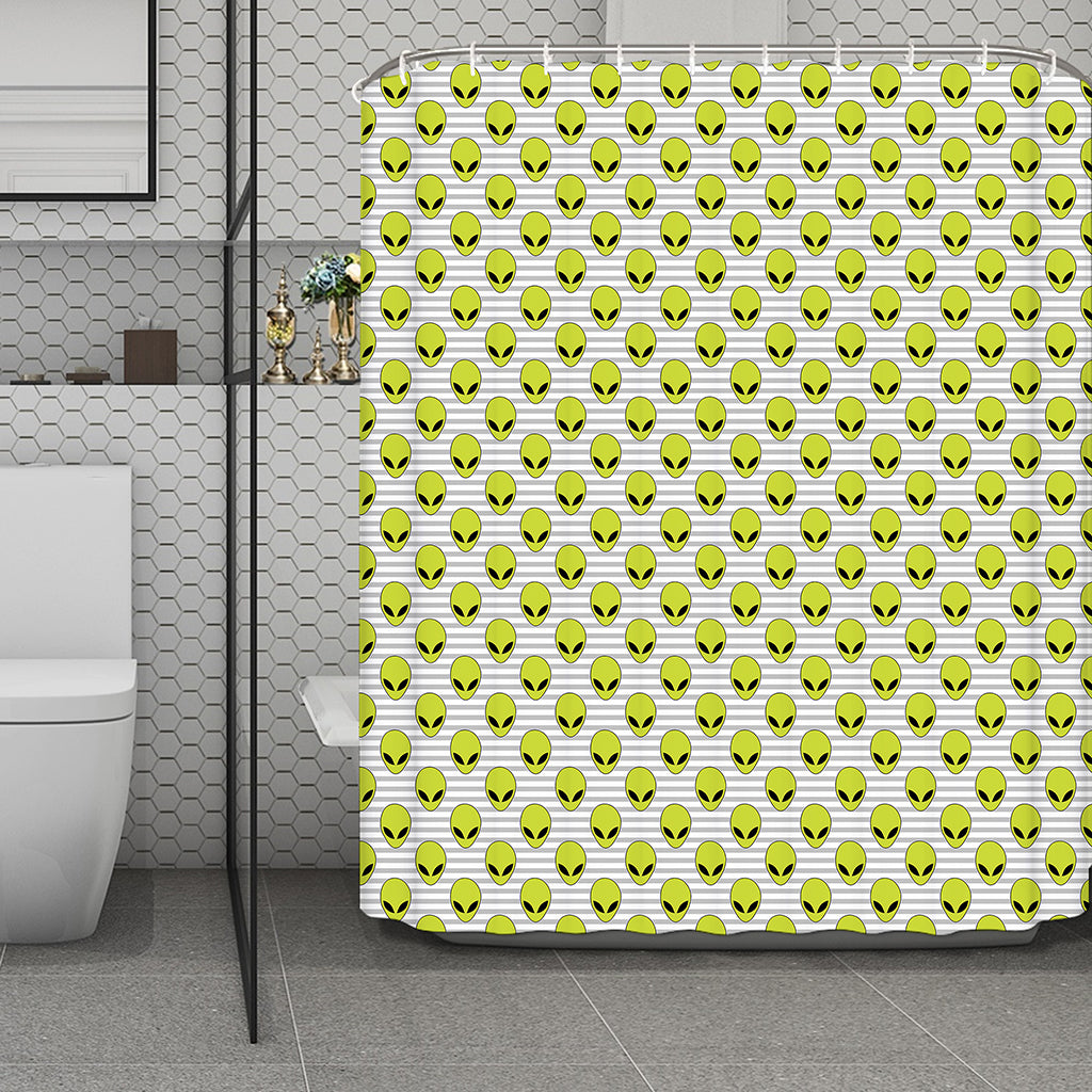 Grey Striped Alien Pattern Print Polyester Shower Curtain