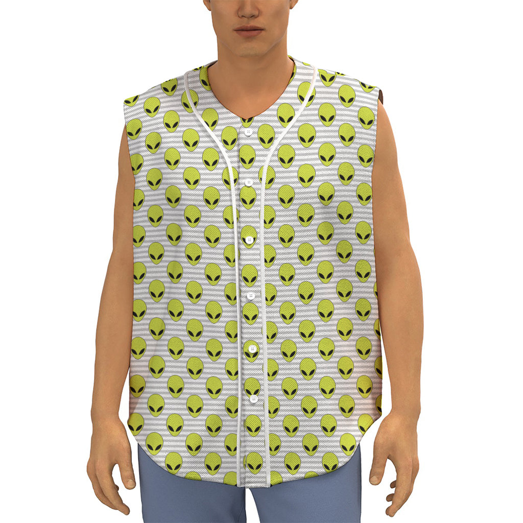 Grey Striped Alien Pattern Print Sleeveless Baseball Jersey