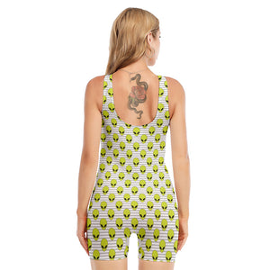 Grey Striped Alien Pattern Print Sleeveless One Piece Swimsuit