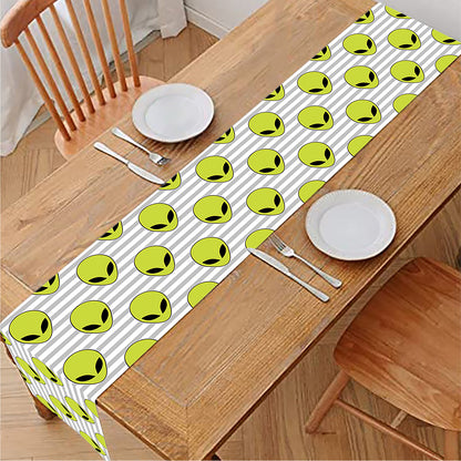 Grey Striped Alien Pattern Print Table Runner