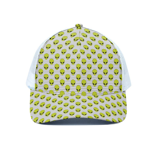Grey Striped Alien Pattern Print White Mesh Trucker Cap