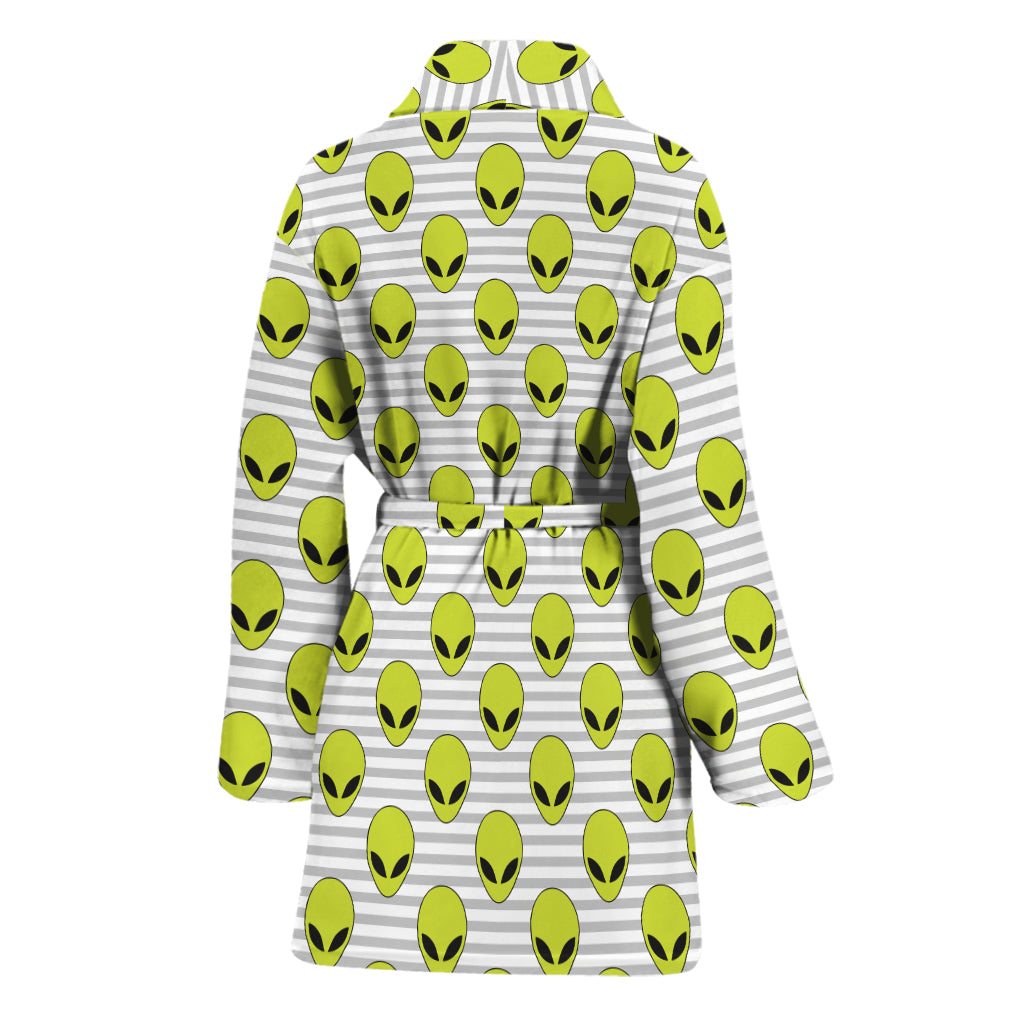 Grey Striped Alien Pattern Print Women's Bathrobe