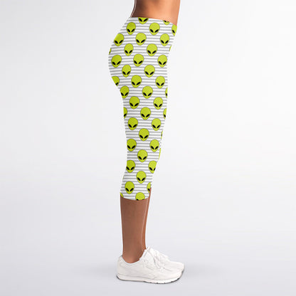 Grey Striped Alien Pattern Print Women's Capri Leggings