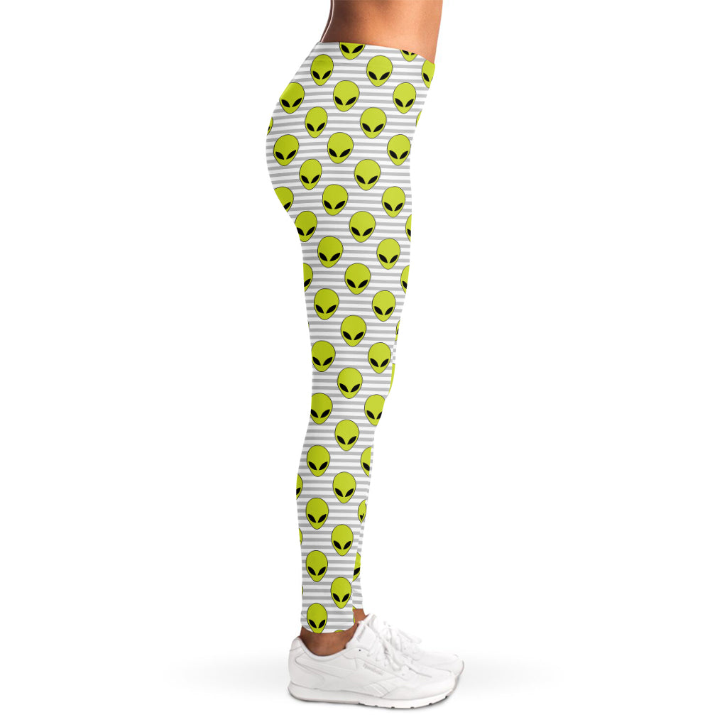 Grey Striped Alien Pattern Print Women's Leggings