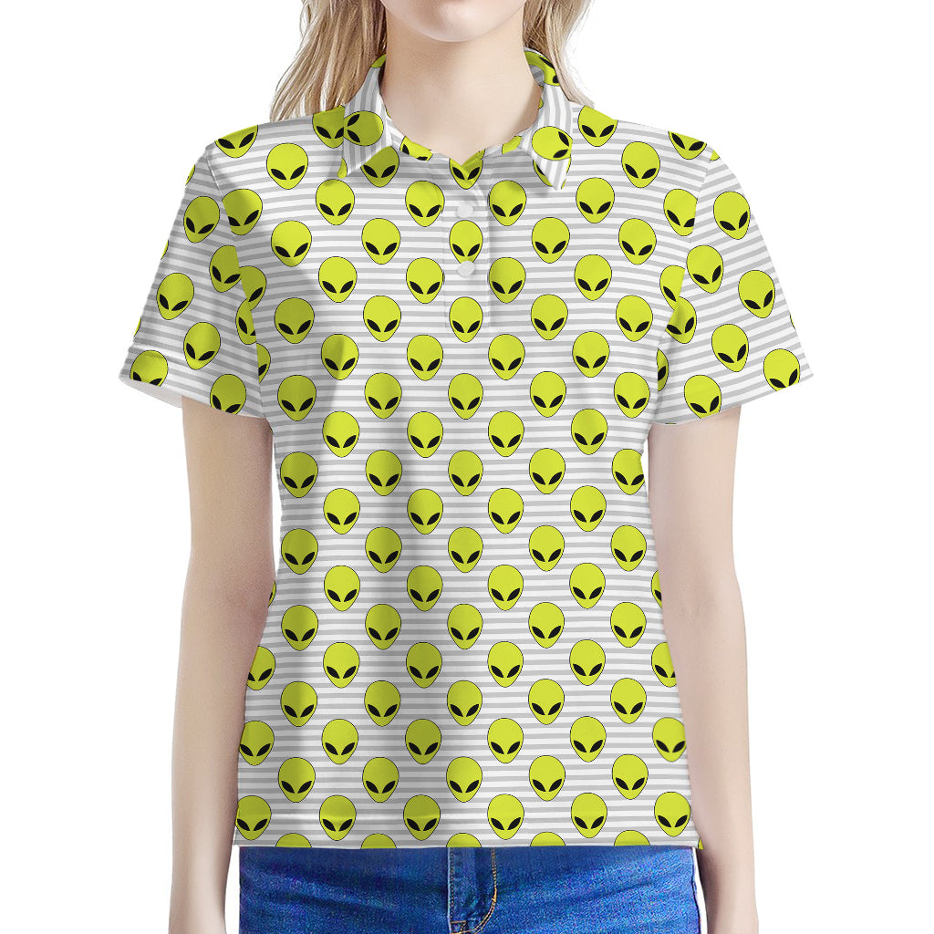 Grey Striped Alien Pattern Print Women's Polo Shirt