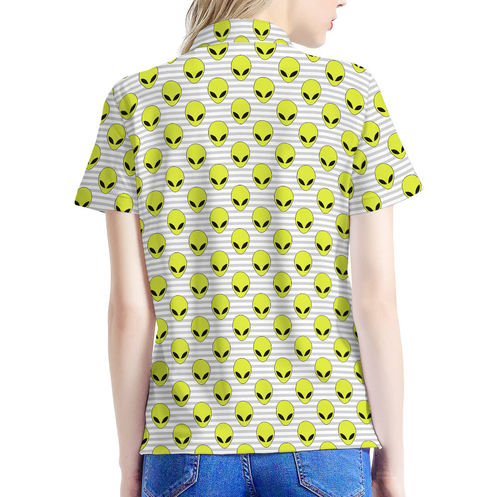 Grey Striped Alien Pattern Print Women's Polo Shirt