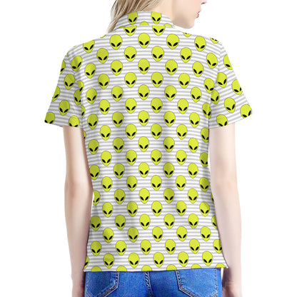 Grey Striped Alien Pattern Print Women's Polo Shirt