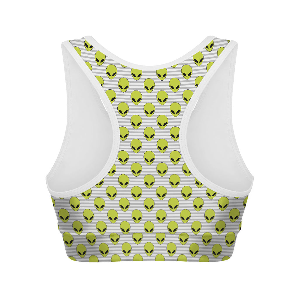Grey Striped Alien Pattern Print Women's Sports Bra
