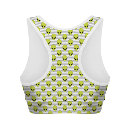 Grey Striped Alien Pattern Print Women's Sports Bra