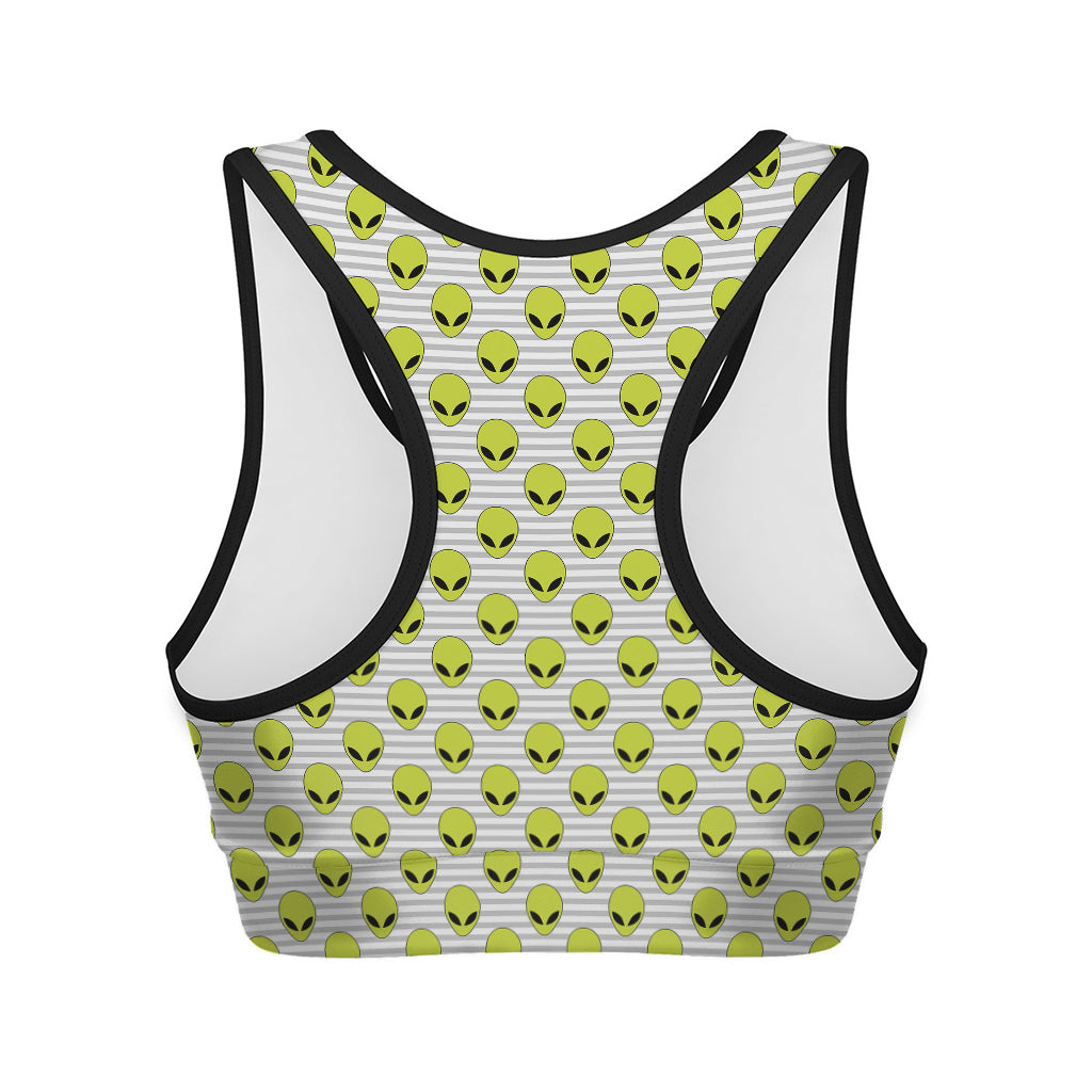 Grey Striped Alien Pattern Print Women's Sports Bra