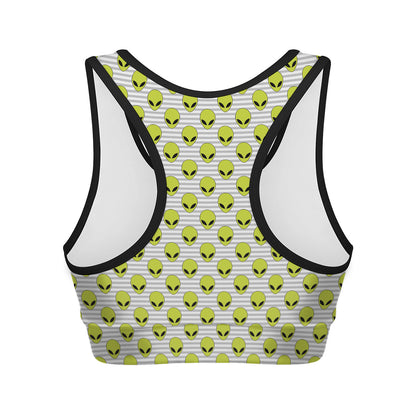 Grey Striped Alien Pattern Print Women's Sports Bra