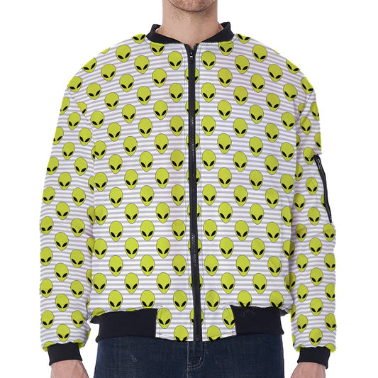 Grey Striped Alien Pattern Print Zip Sleeve Bomber Jacket