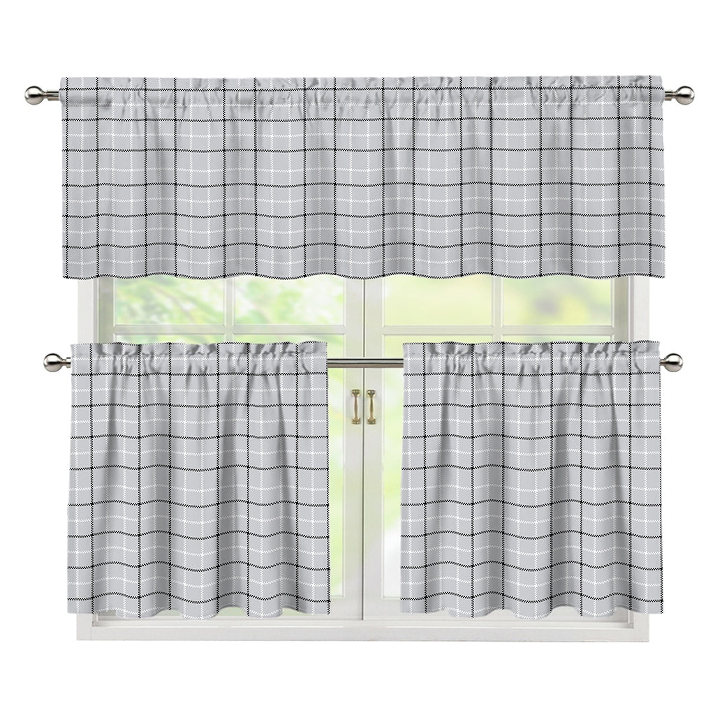 Grey Tattersall Pattern Print 3 Piece Kitchen Curtains