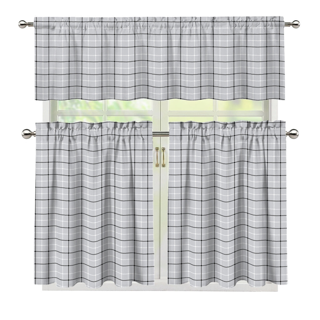 Grey Tattersall Pattern Print 3 Piece Kitchen Curtains
