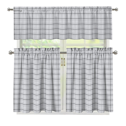 Grey Tattersall Pattern Print 3 Piece Kitchen Curtains