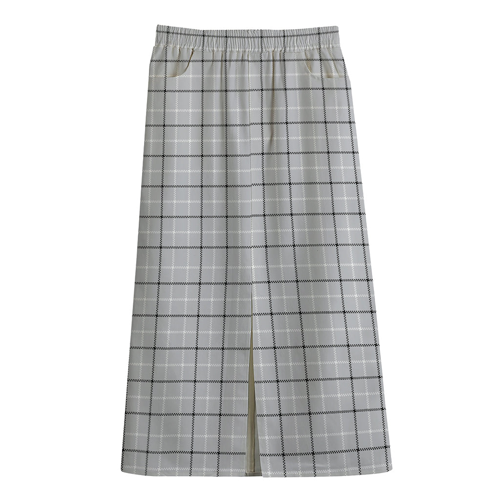 Grey Tattersall Pattern Print Cotton Front Slit Maxi Skirt