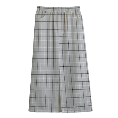 Grey Tattersall Pattern Print Cotton Front Slit Maxi Skirt