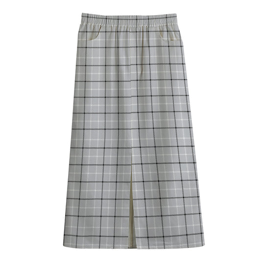 Grey Tattersall Pattern Print Cotton Front Slit Maxi Skirt
