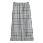 Grey Tattersall Pattern Print Cotton Front Slit Maxi Skirt