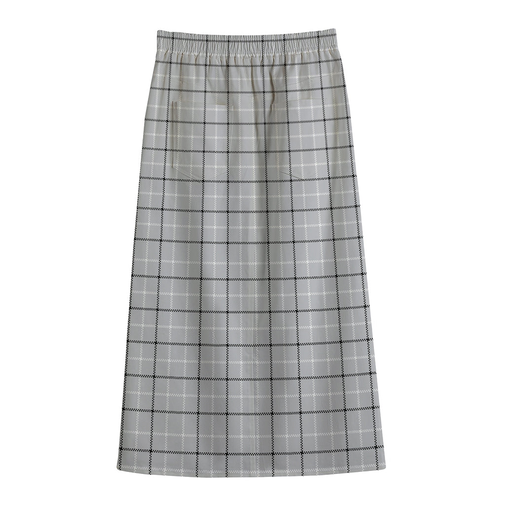 Grey Tattersall Pattern Print Cotton Front Slit Maxi Skirt