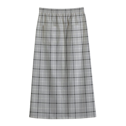 Grey Tattersall Pattern Print Cotton Front Slit Maxi Skirt