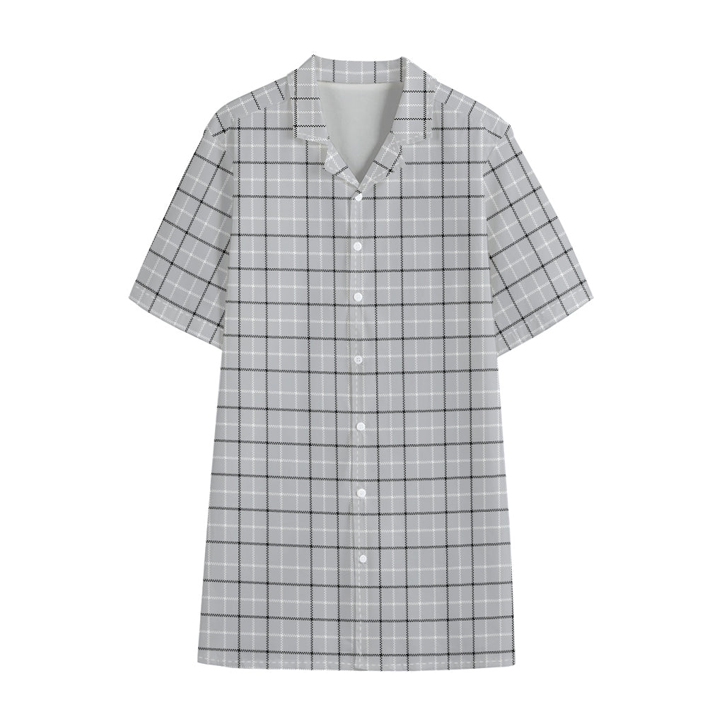 Grey Tattersall Pattern Print Cotton Hawaiian Shirt