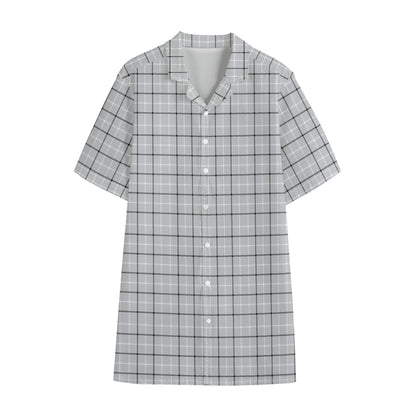Grey Tattersall Pattern Print Cotton Hawaiian Shirt