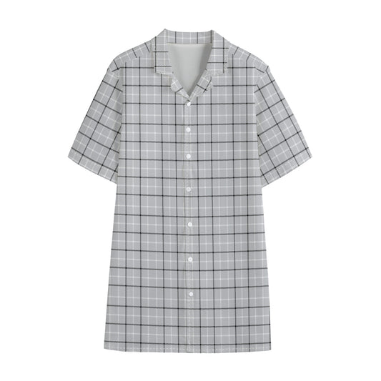 Grey Tattersall Pattern Print Cotton Hawaiian Shirt