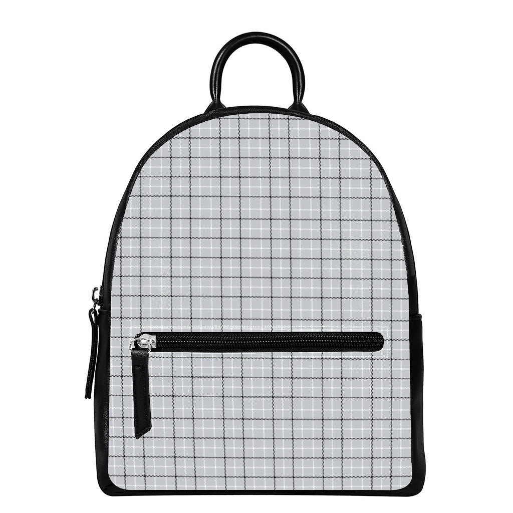 Grey Tattersall Pattern Print Leather Backpack