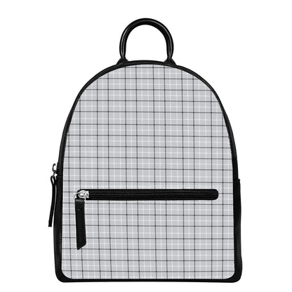 Grey Tattersall Pattern Print Leather Backpack