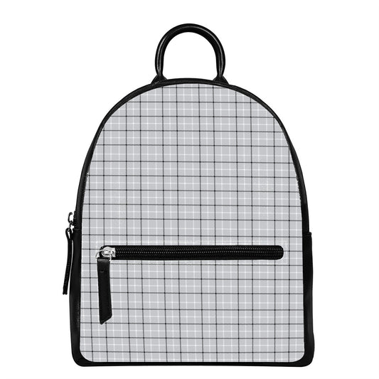 Grey Tattersall Pattern Print Leather Backpack