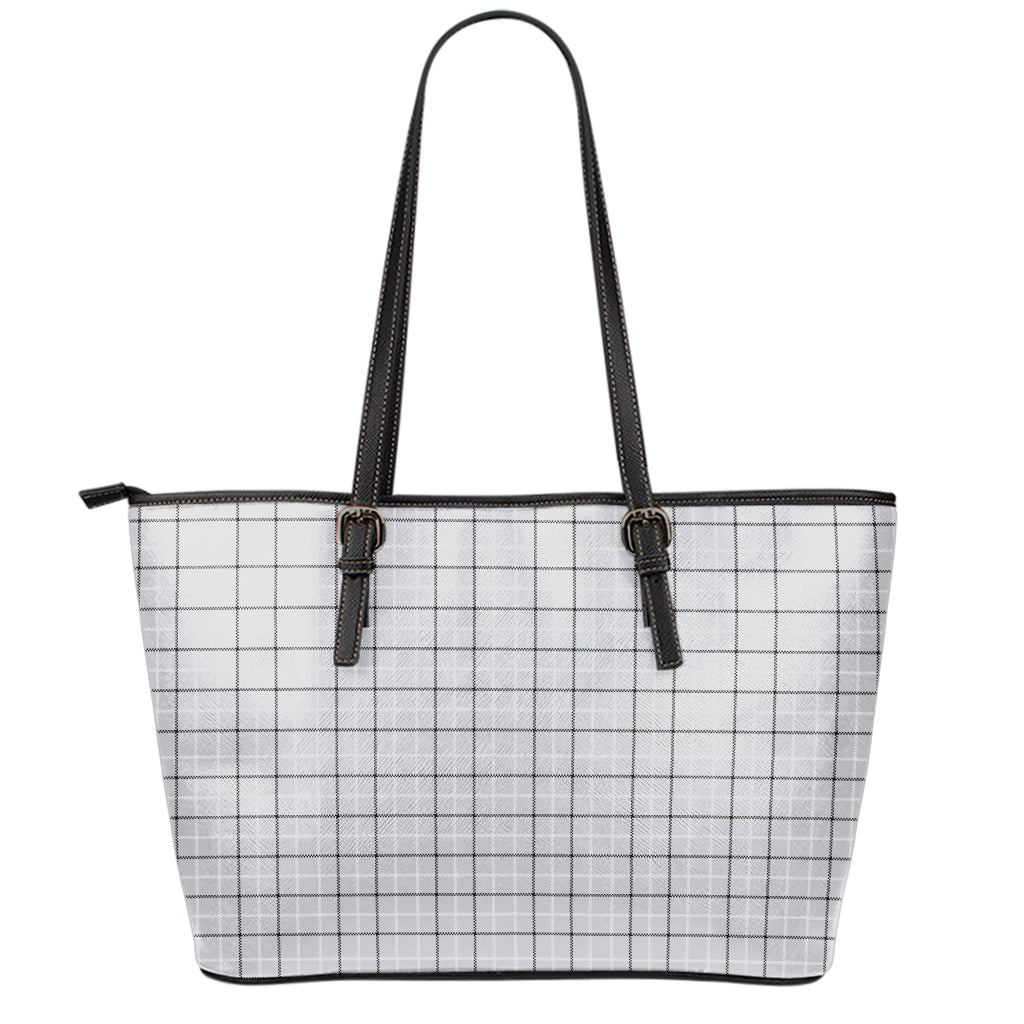 Grey Tattersall Pattern Print Leather Tote Bag
