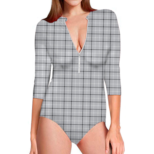 Grey Tattersall Pattern Print Long Sleeve Swimsuit