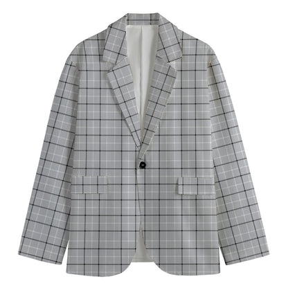 Grey Tattersall Pattern Print Men's Cotton Blazer