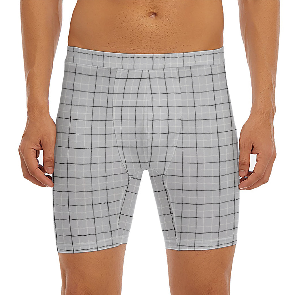 Grey Tattersall Pattern Print Men's Long Boxer Briefs
