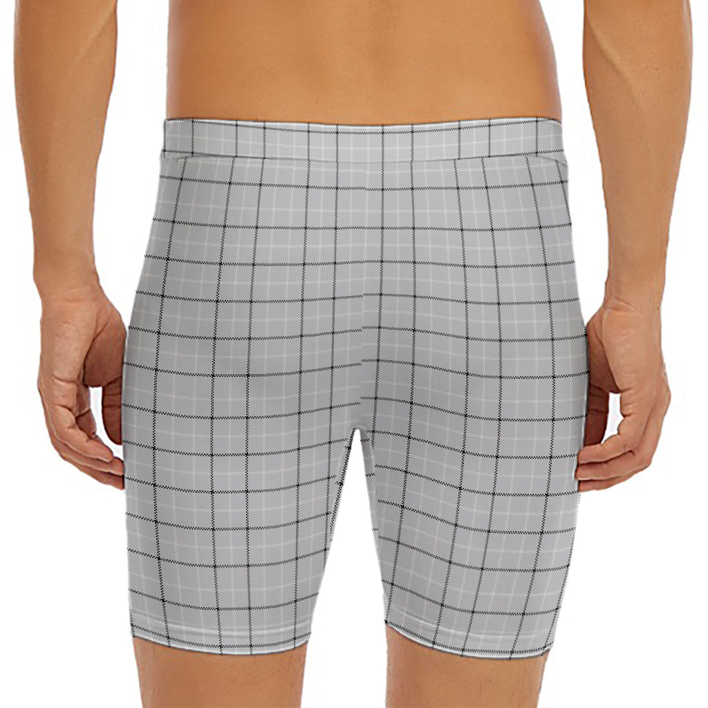 Grey Tattersall Pattern Print Men's Long Boxer Briefs
