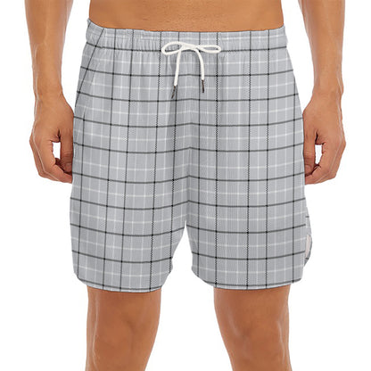 Grey Tattersall Pattern Print Men's Split Running Shorts