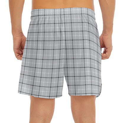 Grey Tattersall Pattern Print Men's Split Running Shorts