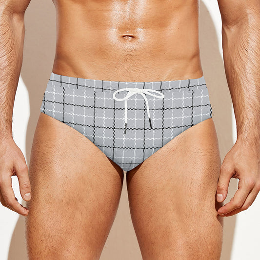 Grey Tattersall Pattern Print Men's Swim Briefs