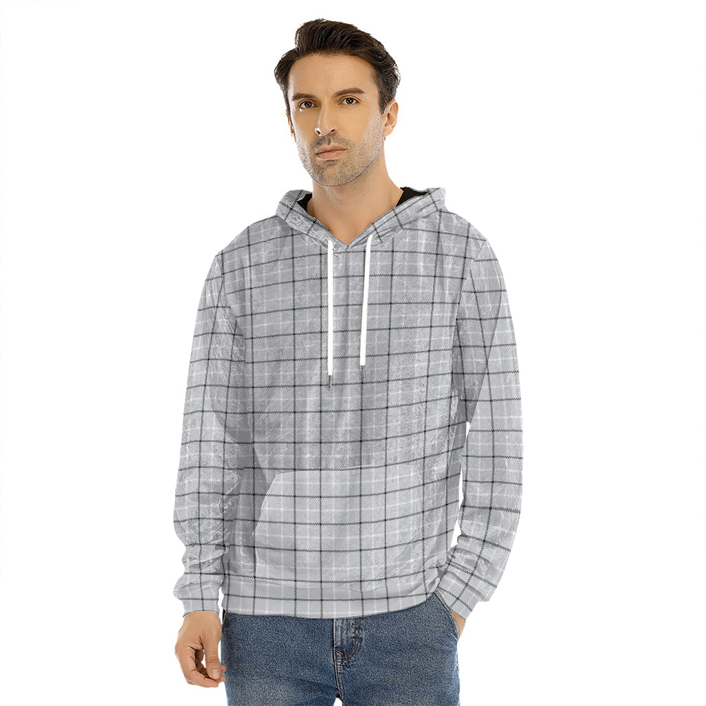 Grey Tattersall Pattern Print Men's Velvet Pullover Hoodie