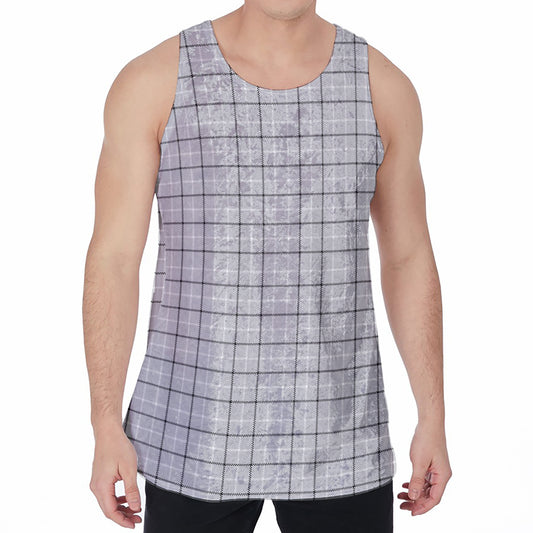 Grey Tattersall Pattern Print Men's Velvet Tank Top