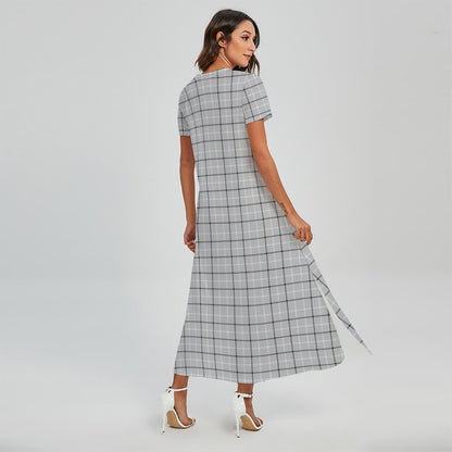 Grey Tattersall Pattern Print Short Sleeve Maxi Dress