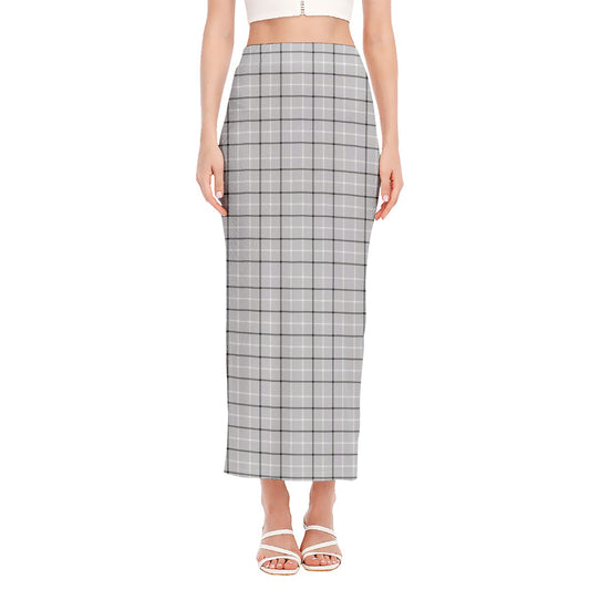 Grey Tattersall Pattern Print Side Slit Maxi Skirt