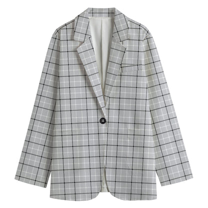 Grey Tattersall Pattern Print Women's Cotton Blazer
