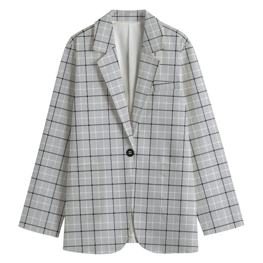 Grey Tattersall Pattern Print Women's Cotton Blazer